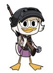  4_fingers anthro armor avian backpack bird bulletproof_vest clothing digital_media_(artwork) dot_eyes duck ducktales ducktales_(2017) energy_drink feathers female flowerimh grin gun helmet kar98k kg-3 playerunknown&#039;s_battlegrounds playerunknown&#039;s_battlgrounds pose ranged_weapon rifle simple_background skirt smile sniper_rifle solo spetsnaz standing weapon webby_vanderquack white_background white_feathers 