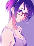  bare_shoulders breasts cleavage closed_mouth collarbone dokidoki!_precure expressionless eyebrows_visible_through_hair glasses kenzaki_makoto looking_at_viewer negom precure purple_eyes purple_hair red-framed_eyewear short_hair simple_background sleeveless small_breasts solo upper_body 