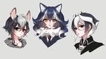  animal_ears black_eyes black_hair chino_machiko color_connection commentary_request crossover ear_piercing fur_collar grey_background grey_wolf_(kemono_friends) hair_between_eyes hair_color_connection hair_ornament hairclip heterochromia kemono_friends long_hair looking_at_viewer made_in_abyss multicolored_hair multiple_girls necktie ozen piercing purple_eyes short_hair show_by_rock!! simple_background smile streaked_hair two-tone_hair white_hair wolf_ears yellow_eyes zebrina_(show_by_rock!!) 
