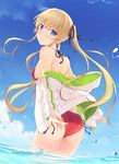  6u_(eternal_land) ass bangs bare_shoulders bikini blonde_hair blue_eyes blue_sky blush breasts cloud commentary_request day eyebrows_visible_through_hair hair_ribbon jacket long_hair looking_at_viewer looking_back navel off_shoulder open_clothes open_jacket outdoors red_bikini ribbon saenai_heroine_no_sodatekata sawamura_spencer_eriri side-tie_bikini signature sky small_breasts smile solo swimsuit twintails wading water water_drop 