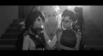  2girls animal_ears blake_belladonna cat_ears closed_eyes commentary dishwasher1910 greyscale highres ilia_amitola jewelry monochrome multiple_girls necklace open_clothes open_shirt ponytail rwby shirt spots sun_wukong_(rwby) 