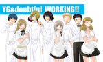  5boys adachi_masahiro apron black_hair blonde_hair blue_hair bow bowtie chef crossover frying_pan kondou_kisaki kouno_takuya multiple_boys multiple_girls muranushi_sayuri official_art saiki_kouki satou_jun skirt souma_hiroomi takatsu_karino todoroki_yachiyo waiter waitress working!! working!!_(web_manga) 