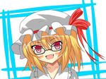  bespectacled blonde_hair blush bow fang flandre_scarlet glasses hat highres open_mouth red_eyes solo touhou zakosuke_(fujioka) 