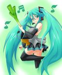  green_eyes green_hair guitar hatsune_miku headphones headset instrument long_hair microphone musical_note necktie solo spring_onion surume_(clavis) themed_object thighhighs twintails vocaloid 
