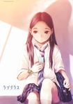  alternate_hairstyle bag black_hair brown_eyes digital_media_player headphones kobayakawa_rinko long_hair love_plus mino_tarou necktie official_art school_uniform solo watch wristwatch younger 