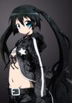  bikini_top black_hair black_rock_shooter black_rock_shooter_(character) blue_eyes blush coat gloves glowing glowing_eyes long_hair massala midriff navel solo twintails 