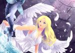  bad_id bad_pixiv_id blonde_hair blue_eyes dress ehekatl_of_luck elona fish hayah_(pixiv) solo wings 