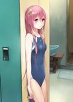  against_wall aoten bare_shoulders blush competition_swimsuit copyright_request hair_ornament locker locker_room long_hair looking_at_viewer one-piece_swimsuit pink_hair purple_eyes solo standing swimsuit 