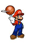 basketball blue_eyes brown_hair facial_hair gloves hat highres male_focus mario mario_(series) mustache official_art overalls simple_background solo source_request standing super_mario_bros. white_background 