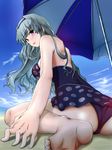  ass barefoot beach breasts day emanon123 feet foreshortening from_behind from_below grey_hair hairband hands idolmaster idolmaster_(classic) large_breasts long_hair looking_back one-piece_swimsuit purple_eyes shijou_takane solo swimsuit umbrella 