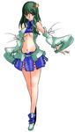  alternate_costume aoshima bare_shoulders boots bow breasts center_opening detached_sleeves green_hair hair_ornament highres kochiya_sanae large_breasts long_hair navel no_bra pyonta skirt smile snake solo touhou underboob yellow_eyes 