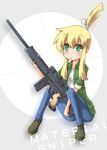  bad_id bad_pixiv_id blonde_hair crosshair green_eyes gun haradaiko_(arata_himeko) high_ponytail iris_(material_sniper) material_sniper ponytail psg-1 rifle sleeves_rolled_up sniper_rifle solo weapon 