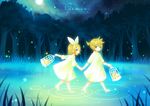  1girl barefoot birdcage blonde_hair blue_eyes brother_and_sister cage dress eulb fireflies forest gemini_(vocaloid) highres kagamine_len kagamine_rin nature ribbon siblings star twins vocaloid water 