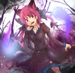  animal_ears bad_id bad_pixiv_id bare_tree bow braid breasts cat_ears claws colored_eyelashes dress extra_ears eyelashes fang fingernails ghost glowing hair_bow hair_ribbon hisona_(suaritesumi) hitodama kaenbyou_rin medium_breasts red_eyes red_hair ribbon slit_pupils smile solo touhou tree twin_braids twintails 