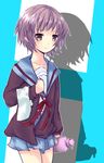  bad_id bad_pixiv_id bangs bottle brown_eyes glasses grey_hair h highres kita_high_school_uniform mkcrf nagato_yuki school_uniform serafuku short_hair solo suzumiya_haruhi_no_yuuutsu towel 