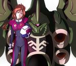  gundam gundam_unicorn helmet highres kani_get kshatriya marida_cruz mecha orange_hair pilot_suit ponytail purple_eyes simple_background 