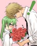  1girl age_difference blush bouquet couple flower green_eyes green_hair head_to_head height_difference hetero jpeg_artifacts koiwai_yotsuba necktie neko_yuuko older pink_background rose simple_background tsundere twintails yanda yotsubato! 