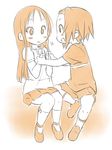  akiyama_mio blush blush_stickers candy casual food hamao holding_hands k-on! monochrome multiple_girls orange_(color) simple_background tainaka_ritsu white_background younger 