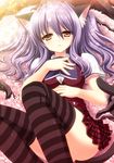  animal_ears ass blush book breasts cat_ears cat_tail long_hair looking_at_viewer lying medium_breasts non-web_source open_book original petals plaid plaid_skirt purple_hair skirt solo striped striped_legwear tail thighhighs yellow_eyes yukizuki_chikuba 