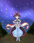  boots frills hair_bobbles hair_ornament hat hat_ribbon height_difference highres hug hug_from_behind kawashiro_nitori kyuushiki multiple_girls nagae_iku night night_sky purple_hair red_eyes ribbon scarf short_hair sky star_(sky) starry_sky touhou twintails 