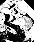  1girl aragaki_shinjirou beanie couple female_protagonist_(persona_3) greyscale hat hetero highres monochrome persona persona_3 persona_3_portable school_uniform suta_furachina trench_coat 