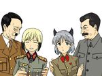  2girls adolf_hitler animal_ears black_hair blonde_hair blush cat_ears crapgame cross erica_hartmann facial_hair grey_hair iron_cross joseph_stalin medal military military_uniform multicolored_hair multiple_boys multiple_girls mustache real_life real_life_insert sanya_v_litvyak star strike_witches two-tone_hair uniform world_witches_series 