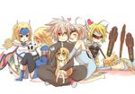  6+girls black_pants blazblue blue_eyes blue_footwear boots braid eyepatch gloves green_eyes heterochromia hug lambda-11 lao_jiu long_hair mu-12 multiple_girls multiple_persona noel_vermillion nu-13 pants ragna_the_bloodedge saya_(blazblue) smile thighhighs tomo_(tomorag7) uniform visor white_hair 