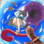  bad_id bad_pixiv_id bird blue_eyes blue_hair convenient_leg heterochromia highres kado karakasa_obake oriental_umbrella purple_umbrella red_eyes short_hair solo tatara_kogasa tongue touhou umbrella 