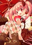  argyle argyle_legwear blush boots bow buckle chocolate cookie food heart inou_shin non-web_source open_mouth original pink_eyes pink_hair plaid plaid_skirt ribbon skirt solo thighhighs valentine 