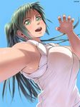  armpits blush breasts foreshortening green_eyes green_hair hands higurashi_no_naku_koro_ni large_breasts long_hair ponytail solo sonozaki_mion zenkou 