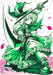  bad_id bad_pixiv_id dual_wielding fighting_stance foreshortening frills gathers hijikawa_arashi holding katana konpaku_youmu marker_(medium) monochrome petals pose serious shoes signature solo sword touhou traditional_media weapon wind 