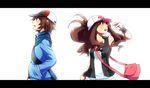  1girl antenna_hair bad_id bad_pixiv_id bag baseball_cap blue_eyes brown_eyes brown_hair hat jacket letterboxed looking_up pokemon pokemon_(game) pokemon_bw ponytail sayuma touko_(pokemon) touya_(pokemon) vest wristband 