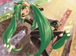 crazypen detached_sleeves green_eyes green_hair hatsune_miku headphones long_hair necktie skirt smile solo thighhighs twintails very_long_hair vocaloid 