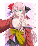  blue_eyes bow breasts cleavage flower hair_bow hair_flower hair_ornament hair_ribbon hana_(module) himo japanese_clothes large_breasts long_hair megurine_luka open_clothes pink_hair project_diva_(series) project_diva_2nd ribbon robe solo tattoo vocaloid 