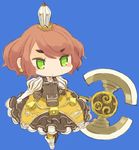  axe bell blush chibi crown earrings green_eyes jewelry mota original red_hair simple_background solo weapon 