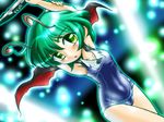  antennae arms_up blush cape dutch_angle electric_wind_instrument green_eyes green_hair instrument one-piece_swimsuit school_swimsuit short_hair solo swimsuit touhou winn wriggle_nightbug 