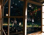  1girl bird buttons cat crane_(animal) ground_vehicle lake moon nature night original pocket_watch reflection sheep snowie star surreal train tree watch water window 