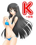  akanako akiyama_mio alternate_hairstyle barefoot bikini black_eyes black_hair blush breasts hime_cut k-on! large_breasts long_hair looking_at_viewer side-tie_bikini solo swimsuit underboob very_long_hair 