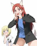  2girls angry animal_ears blazer blonde_hair blue_eyes blush erica_hartmann germany jacket joachim_low long_hair minna-dietlinde_wilcke multiple_girls open_mouth red_eyes red_hair short_hair shouting soccer_uniform sportswear strike_witches sweat tail world_cup world_witches_series youkan 