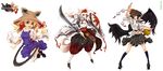  animal_ears axl_low black_wings blonde_hair blue_eyes bridget_(guilty_gear) brown_hair chipp_zanuff detached_sleeves eyes fan geta guilty_gear hat highres inubashiri_momiji moriya_suwako multiple_girls parody red_eyes shameimaru_aya shield short_hair style_parody sword tail tengu-geta thighhighs tokin_hat touhou weapon white_hair wings wolf_ears wolf_tail yuukou 