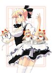  alice_margatroid alternate_costume alternate_hairstyle apron blonde_hair blue_eyes blush bow bowtie breasts cake cleavage doll enmaided face food frills garter_straps hair_bow highres maid medium_breasts no_nose ponytail shanghai_doll short_hair short_ponytail solo spill staring tea tea_set thighhighs touhou tray uro wide-eyed 