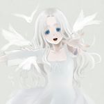  bad_id bad_pixiv_id bird blue_eyes dove dress face foreshortening grey long_hair nagumo_kuu open_mouth original outstretched_arms outstretched_hand reaching ribbon simple_background solo white_hair 