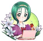  :o akimoto_komachi computer diadem eyelashes flower green_eyes green_hair juice l'ecole_des_cinq_lumieres_school_uniform laptop moudoku_(decopon3rd) precure ribbon school_uniform solo yes!_precure_5 