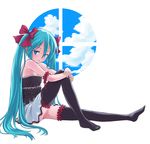  aqua_hair arm_garter bad_id bad_pixiv_id blue_eyes bow cloud hair_bow hatsune_miku leg_hug legs long_hair mofu round_window sitting skirt sky solo thighhighs twintails very_long_hair vocaloid window 