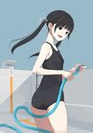  ass black_eyes black_hair empty_pool hose kagetomo_midori long_hair one-piece_swimsuit open_mouth original pool school_swimsuit solo starting_block swimsuit twintails 