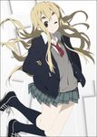  blazer blonde_hair eyebrows jacket k-on! kneehighs kotobuki_tsumugi long_hair mizuki_makoto no_thank_you! one_eye_closed school_uniform shoes socks solo sweater 