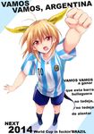  2010_fifa_world_cup angry argentina blonde_hair censored clenched_hand clothes_writing demon_girl fang horns kaiga mosaic_censoring raised_fist red_eyes shirt soccer_uniform solo spanish sportswear standing striped striped_shirt tail translated vertical-striped_shirt vertical_stripes world_cup 