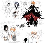  3girls artist_request bleach english genderswap genderswap_(ftm) genderswap_(mtf) glasses highres inoue_orihime ishida_uryuu kuchiki_rukia kurosaki_ichigo multiple_boys multiple_girls orange_hair school_uniform shinigami skirt text_focus torn_clothes ulquiorra_cifer 