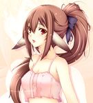  animal_ears bow breasts brown_hair camisole cleavage hair_bow long_hair medium_breasts open_mouth original ponytail red_eyes solo yui.h 