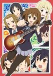  absurdres akiyama_mio brown_eyes brown_hair clenched_hand foreshortening guitar highres hirasawa_ui hirasawa_yui instrument k-on! kotobuki_tsumugi manabe_nodoka mro2 multiple_girls nakano_azusa pantyhose school_uniform short_hair tainaka_ritsu yamanaka_sawako 